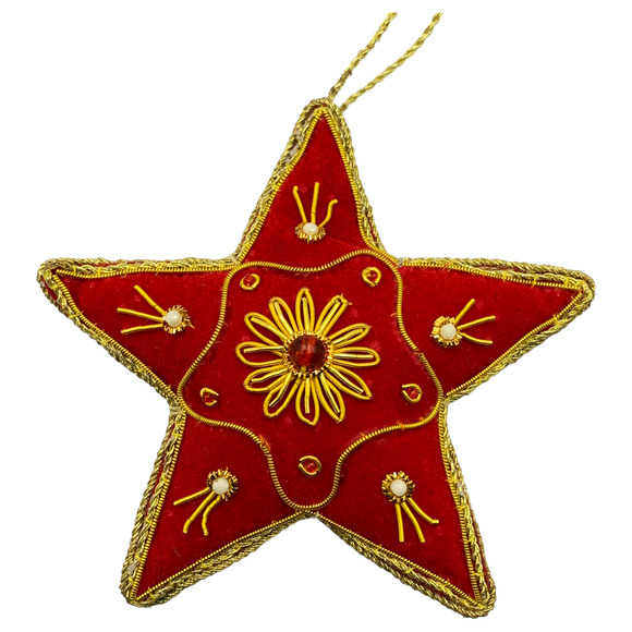 Zari Red Star Christmas Ornament, Zardozi Embroidery, Gift Bag - Picture 5 of 5